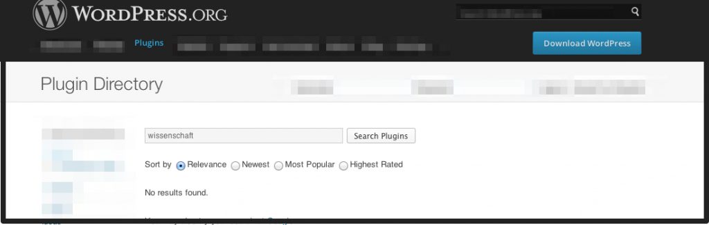 Wordpress-Plugin-Suche "Wissenschaft": keine Ergebnisse